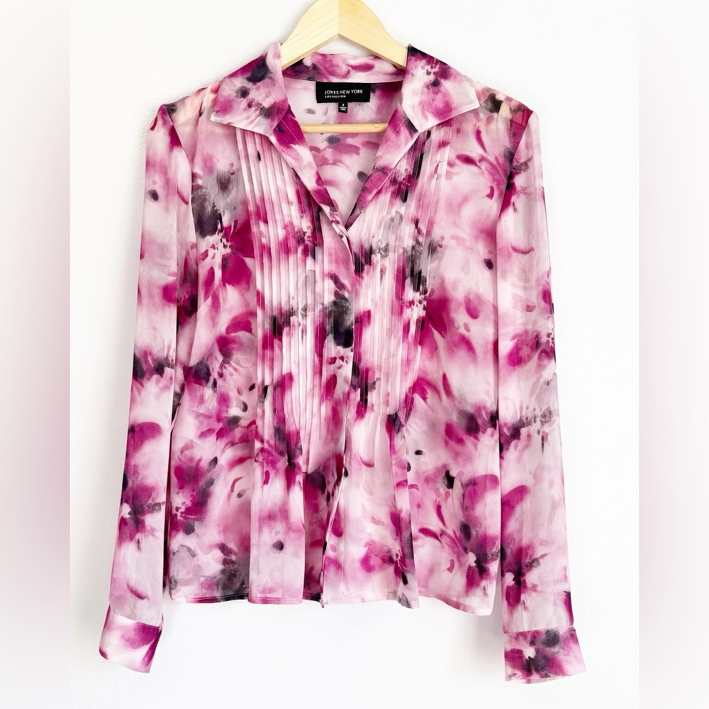 Jones New York Collection Sheer Floral Top Women’s 8 Watercolor Pleated Fairy